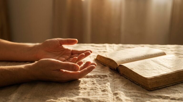 Vaterunser Betende Hände vor einer Bibel auf Leinentuch