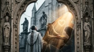 Ein dramatisches Bild, das den Kontrast zwischen kalter kirchlicher Tradition und lebendigem Glauben zeigt. Ein Priester in einem grauen, steinernen gotischen Bogen blickt durch gesprungenes Glas auf eine warme, lichtdurchflutete Szene, in der eine Person einer anderen eine Schale reicht, überstrahlt von einem leuchtenden Herz. Es symbolisiert den Aufbruch zu echter Gemeinschaft und Nächstenliebe in Niesky.