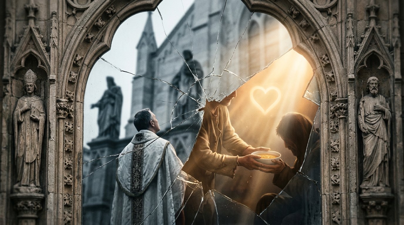 Ein dramatisches Bild, das den Kontrast zwischen kalter kirchlicher Tradition und lebendigem Glauben zeigt. Ein Priester in einem grauen, steinernen gotischen Bogen blickt durch gesprungenes Glas auf eine warme, lichtdurchflutete Szene, in der eine Person einer anderen eine Schale reicht, überstrahlt von einem leuchtenden Herz. Es symbolisiert den Aufbruch zu echter Gemeinschaft und Nächstenliebe in Niesky.